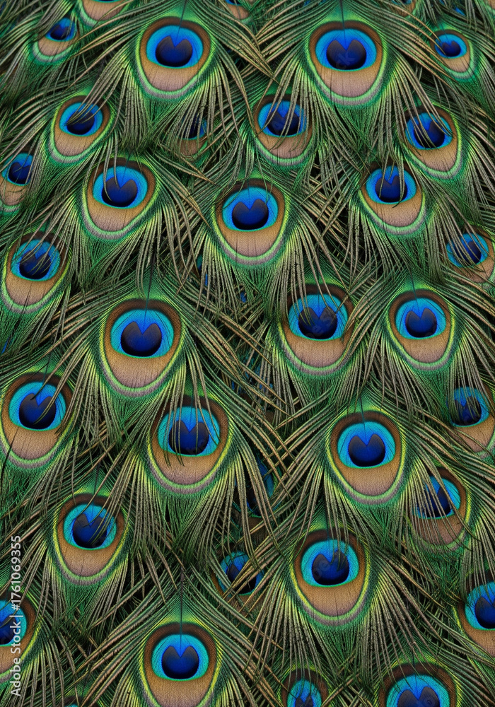 Obraz premium Stunning Close-Up of a Peacock's Feathers Green, Blue, and Brown Patterns, Decorative Natural Texture.
