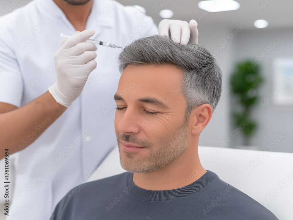 Fototapeta premium Male patient receiving hair restoration treatment in a modern clinic, with a focused practitioner administering injection, showcasing advanced aesthetic procedures and professional care