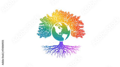 Vibrant rainbow tree with Earth globe and roots on a white background, symbolizing global diversity and environmental connection.