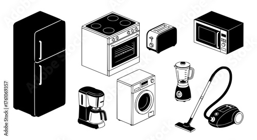 Collection of Household Kitchen Appliances and Cleaning Devices