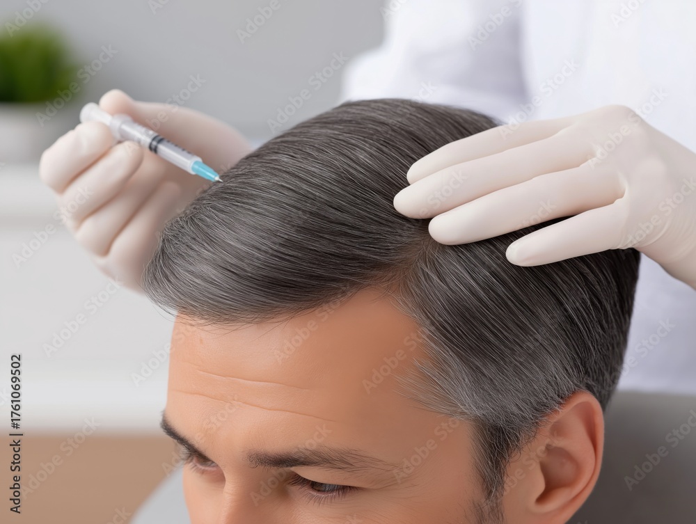 Naklejka premium Male patient receiving hair restoration treatment in a modern clinic, with a healthcare professional administering an injection, showcasing advanced cosmetic procedures for hair growth