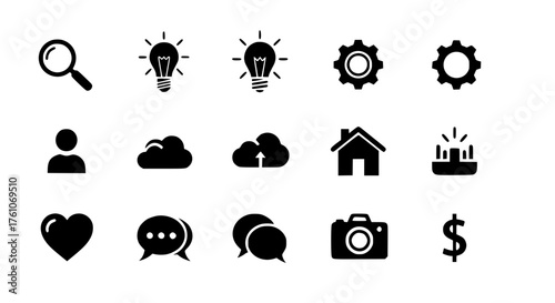 Collection of Simple Black Icons for Technology and Business Applications