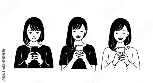 Three young women using their smartphones happily