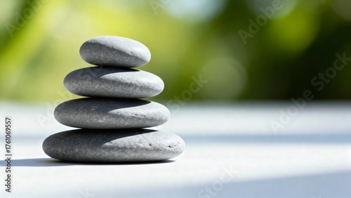 Four smooth, rounded stones are stacked in perfect balance on a white surface, with a blurred green garden background, symbolizing peace, concentration, and life balance.