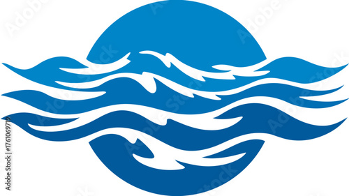 Abstract blue circle with stylized ocean waves, a graphic symbol representing water, sea, or marine themes, ideal for design.