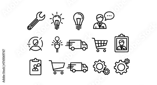 Collection of Simple Business Icons Representing Services and Concepts