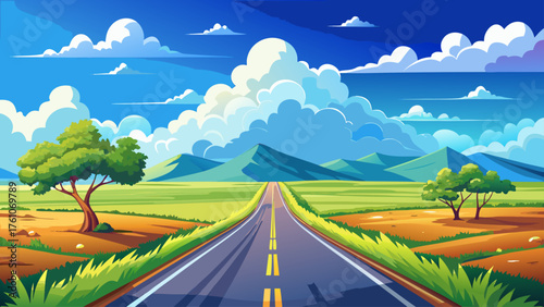 Very beautiful close-up country road under a deep blue sky and fluffy white clouds, symbolizing freedom, peace, and endless journeys through nature’s heart, showcasing stunning rural landscape and 