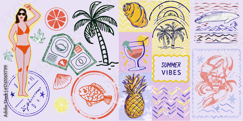 Summer collage featuring a woman in a bikini tropical fruits beach elements and ocean life with a retro vibe