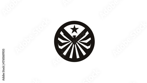 Circular star emblem with abstract wings and radiating lines, a powerful and versatile graphic symbol on white background.