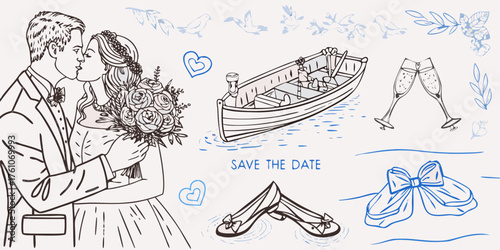 Romantic wedding illustration with bride and groom kissing a boat champagne and save the date elements