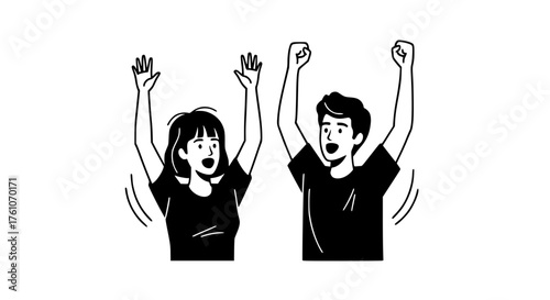 Excited Young People Celebrating Together With Arms Raised