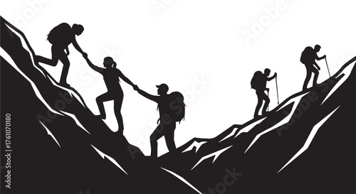 Silhouettes of hikers helping each other climb a steep mountain trail isolated on transparent background