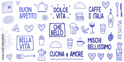 Italian phrases and doodles celebrating food coffee wine and the sweet life