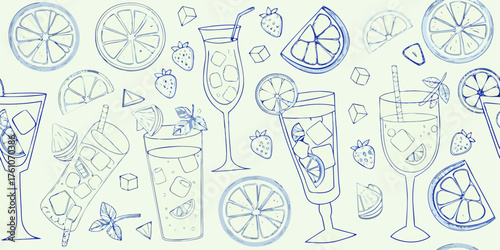 Refreshing summer drinks and citrus slices hand drawn sketch pattern on light background