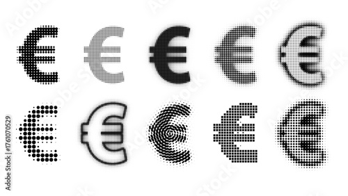 Halftone Vector set of Euro Symbols, Euro Currency in Halftone Patterns