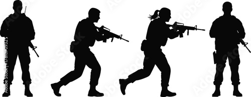 Soldier silhouette vector, tactical stance collection, rifle pose illustration, military gear design, combat readiness artwork, black graphic image