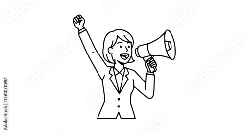 Woman Announcing Information Loudly with Megaphone and Fist Raised