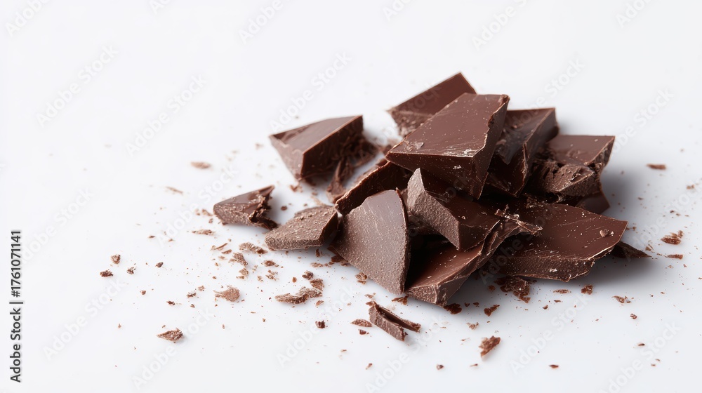 Fototapeta premium Isolated fragments of tasty milk chocolate against a pristine white backdrop.