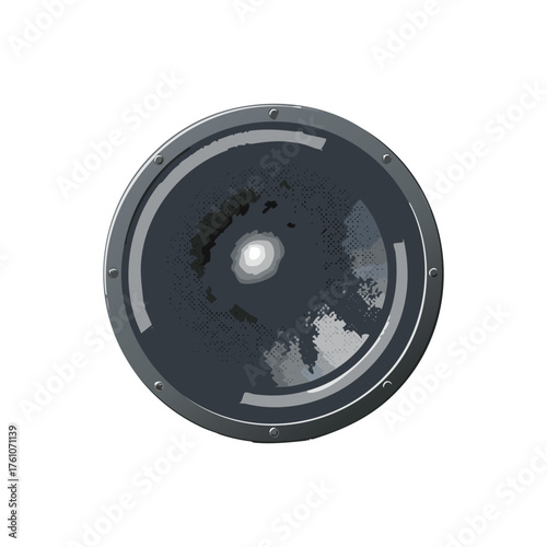Circular metallic object with rivets and a dark interior, isolated on white background.