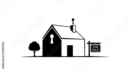 Secure Home For Sale With Keyhole Front Entrance And Tree