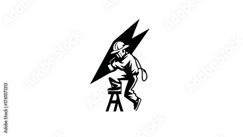 Classic vector illustration of a kneeling worker wearing a hard hat, interacting with a stylized lightning bolt. Power, energy, industry, electricity concept.
