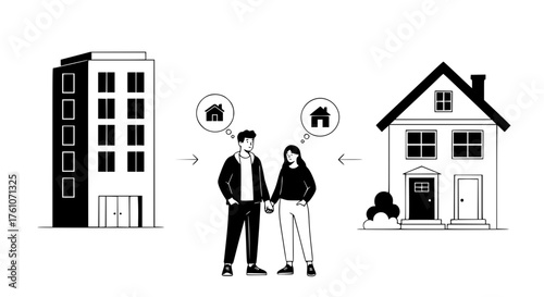 Couple Deciding Between Apartment Living and Single Family Home Ownership