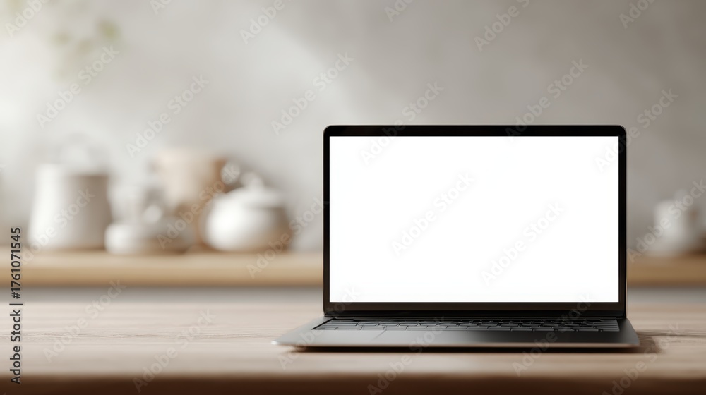 Fototapeta premium Open laptop, blank screen, wooden desk, kitchen room, home office setting.