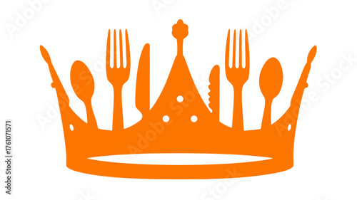 Orange graphic crown icon crafted from elegant dining cutlery, symbolizing gourmet food, premium restaurant, culinary excellence, and royal cuisine.