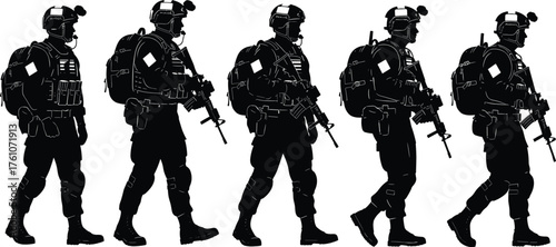 Soldier walking silhouette vector, tactical gear sequence, combat movement illustration, military animation design, black graphic artwork, war themed