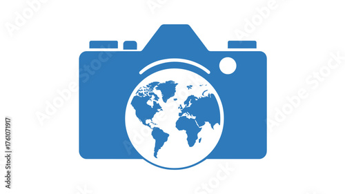 Blue camera icon with globe world map on lens, symbolizing global photography, international travel, worldwide media, and exploration.