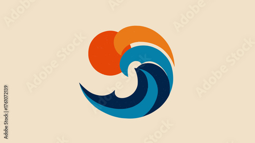 Stylized Sun and Ocean Wave Graphic Illustration - Minimalist Summer Travel and Nature Icon Design Concept