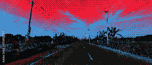 A vibrant road stretches into the distance under a surreal red and blue sky