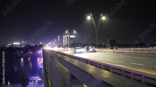 traffic on the traffic bridge in Belgrade at night