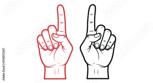 Two hands pointing up, one red outline and one black outline isolated on transparent background