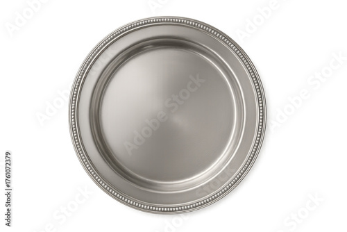 Empty silver metal plate with beaded rim
