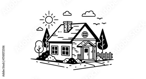 Charming House Illustration With Trees And Sun