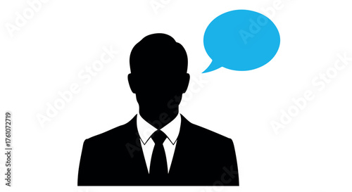 Silhouette of a businessman in a suit with a blue speech bubble isolated on transparent background