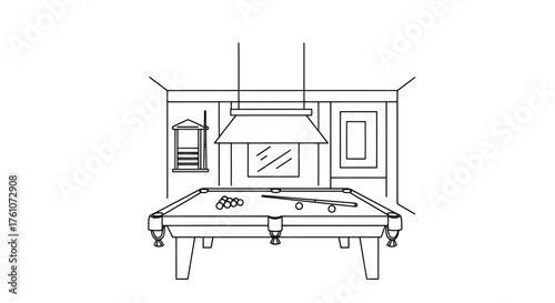 A black and white line drawing of a classic billiards room with a pool table and hanging lamp.