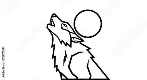 Stylized Black and White Wolf Howling at Moon Line Art Illustration.
