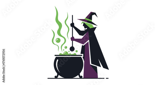 Silhouette of a Witch Stirring Cauldron with Green Smoke.