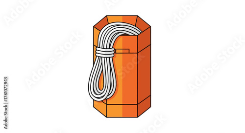 Coiled white and blue utility rope neatly stored inside an orange octagonal container.