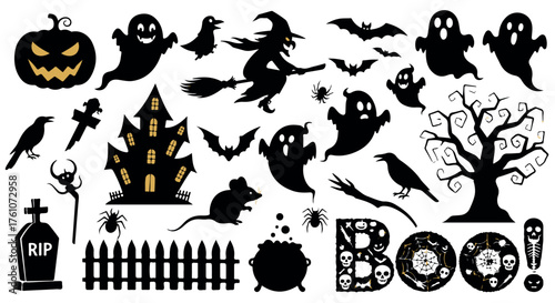 Halloween themed silhouette collection with spooky elements isolated on transparent background