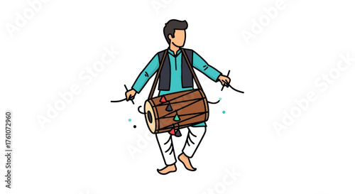 A vibrant illustration of a man in traditional attire dancing while playing a dhol drum.
