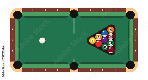 Billiard Table with Balls in Rack and Cue Ball Ready to Break.