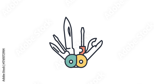 Detailed Illustrated Multi-Tool with Various Functional Components.