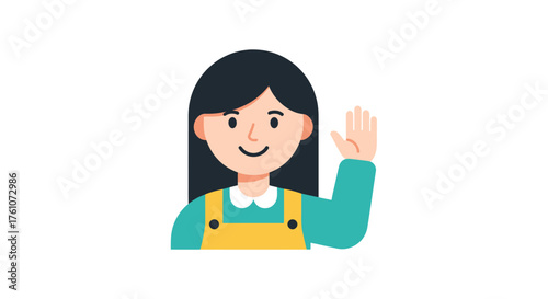 Cartoon Woman Waving Hand with Black Hair and Yellow Overalls.