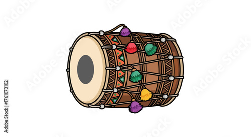 Decorated Dhol Drum: Traditional Indian Percussion Instrument with Colorful Ornaments.