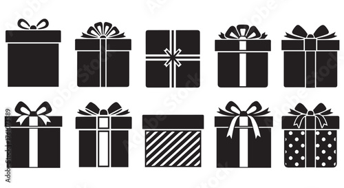 Collection of black gift boxes with ribbons and bows, isolated on transparent background