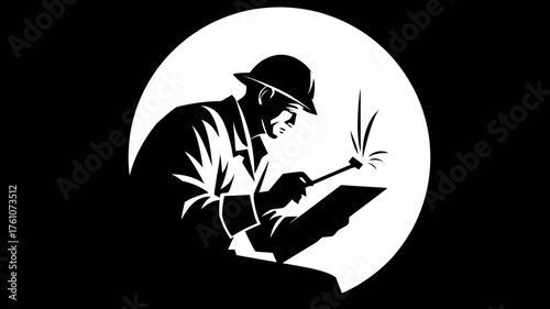 Industrial worker in hard hat with sparks. Stylized graphic silhouette representing labor, construction, manufacturing, and skilled trades.