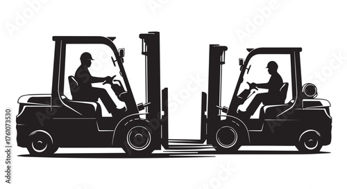 Two forklift trucks with drivers in silhouette isolated on transparent background